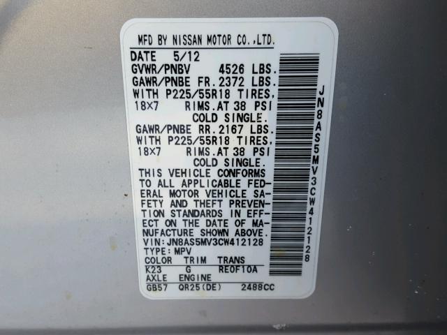 JN8AS5MV3CW412128 - 2012 NISSAN ROGUE S SILVER photo 10