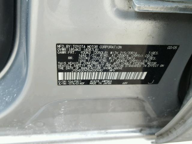 JTEHD20V056030940 - 2005 TOYOTA RAV4 SILVER photo 10