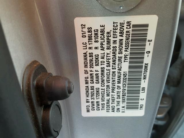 19XFB2F91CE332451 - 2012 HONDA CIVIC EXL SILVER photo 10