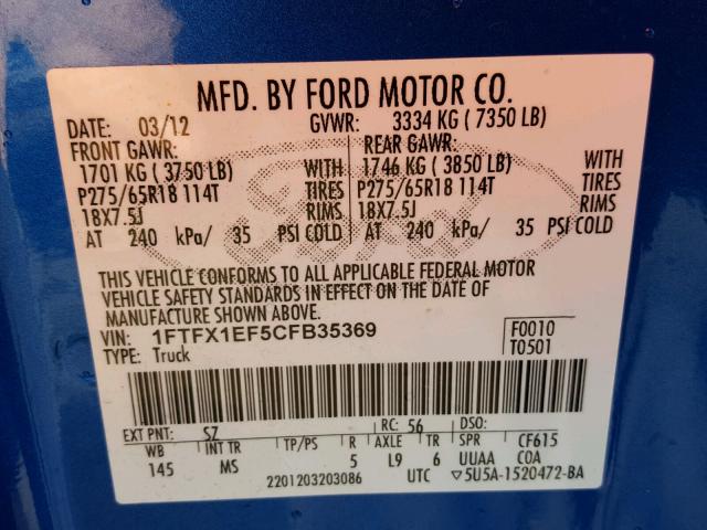 1FTFX1EF5CFB35369 - 2012 FORD F150 SUPER BLUE photo 10