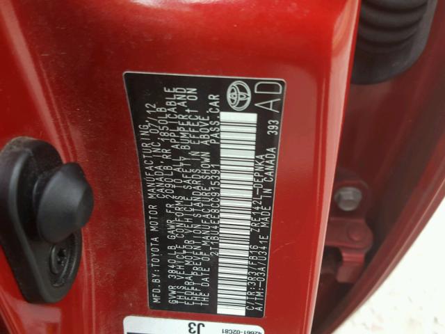 2T1BU4EE8CC915391 - 2012 TOYOTA COROLLA BA RED photo 10