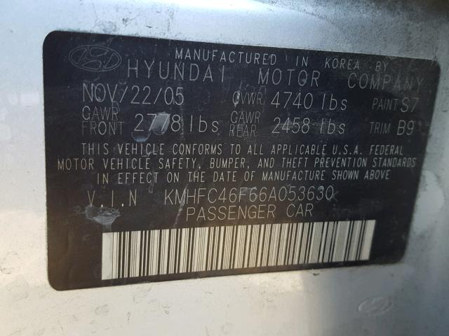 KMHFC46F66A053630 - 2006 HYUNDAI AZERA SE SILVER photo 10