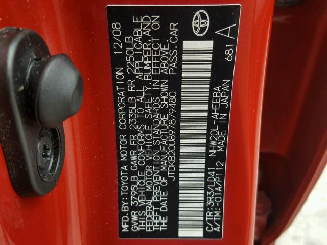 JTDKB20U897879480 - 2009 TOYOTA PRIUS RED photo 10