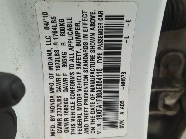 19XFA1F88AE054116 - 2010 HONDA CIVIC EX WHITE photo 10