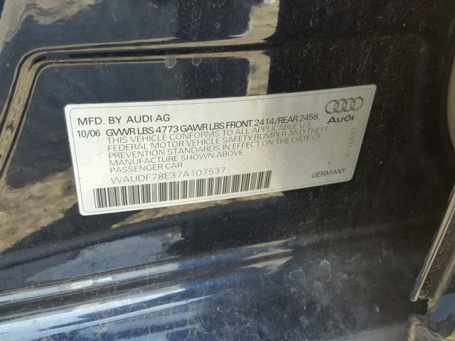 WAUDF78E37A107537 - 2007 AUDI A4 2.0T QU BLUE photo 10