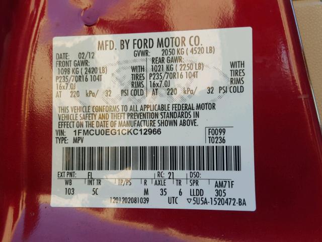 1FMCU0EG1CKC12966 - 2012 FORD ESCAPE LIM RED photo 10