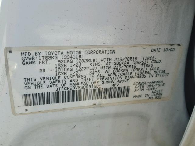 JTEGH20V830091209 - 2003 TOYOTA RAV4 WHITE photo 10