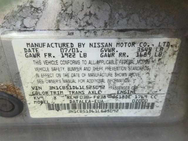 3N1CB51D61L525092 - 2001 NISSAN SENTRA XE GRAY photo 10