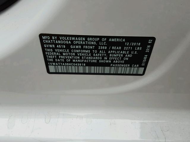 1VWAT7A35HC043818 - 2017 VOLKSWAGEN PASSAT S Blanco foto 10