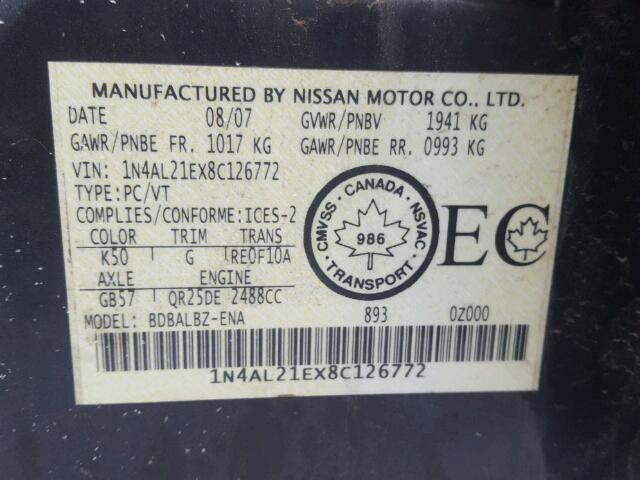 1N4AL21EX8C126772 - 2008 NISSAN ALTIMA 2.5 GRAY photo 10