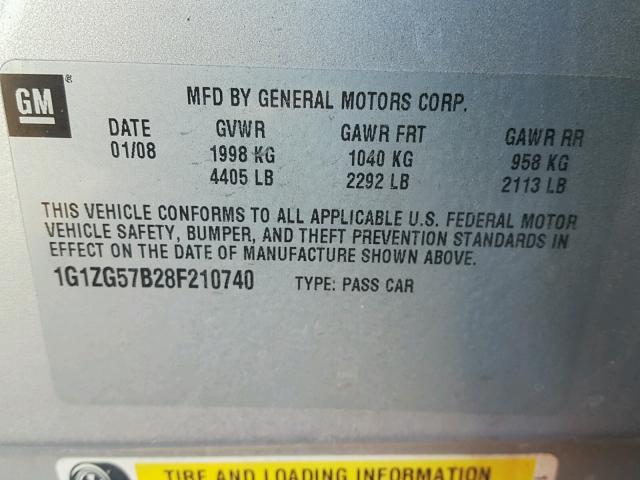 1G1ZG57B28F210740 - 2008 CHEVROLET MALIBU LS 银色 照片 10