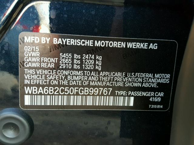 WBA6B2C50FGB99767 - 2015 BMW 650 I შავი ფოტო 10