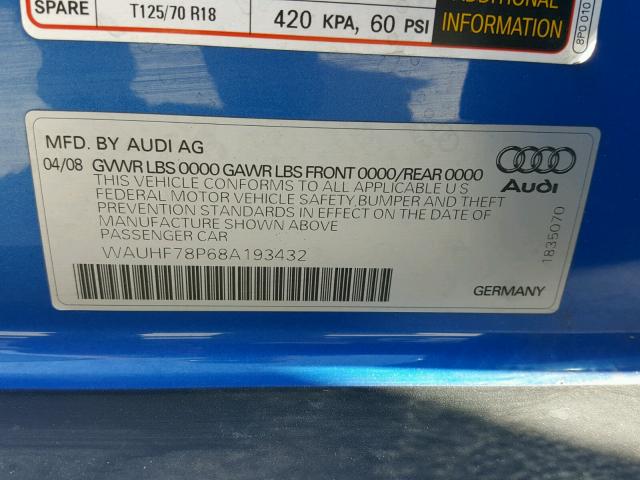 WAUHF78P68A193432 - 2008 AUDI A3 2.0 BLUE photo 10