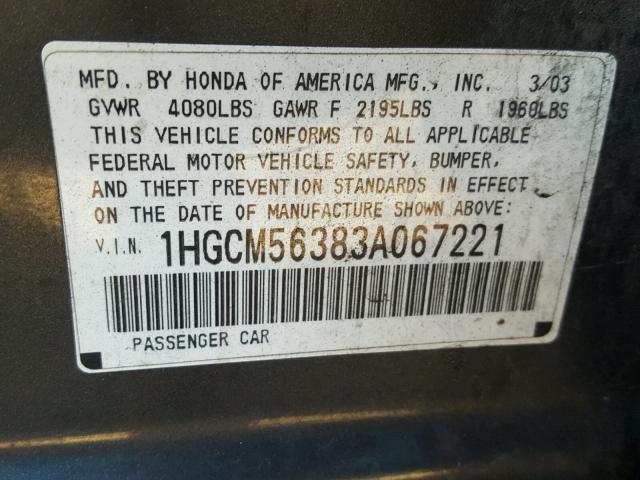 1HGCM56383A067221 - 2003 HONDA ACCORD LX CHARCOAL photo 10