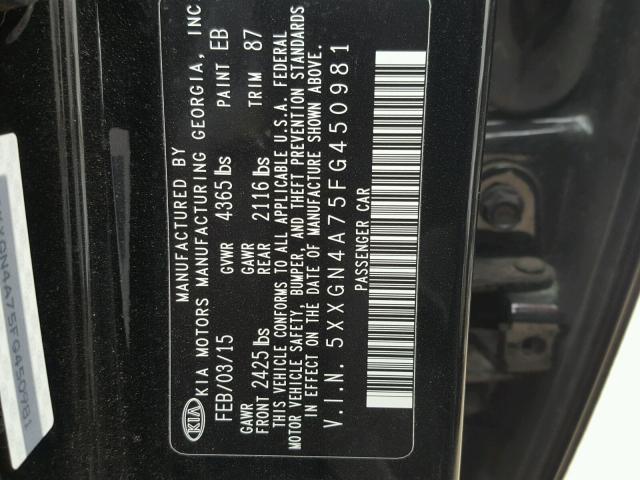 5XXGN4A75FG450981 - 2015 KIA OPTIMA EX BLACK photo 10