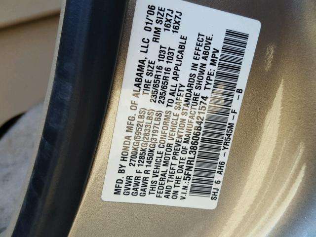 5FNRL38606B421574 - 2006 HONDA ODYSSEY EX GOLD photo 10