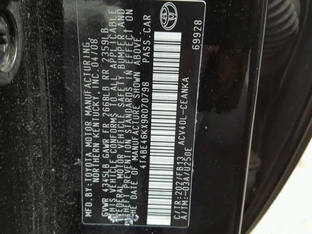 4T4BE46KX9R070798 - 2009 TOYOTA CAMRY BASE BLACK photo 10