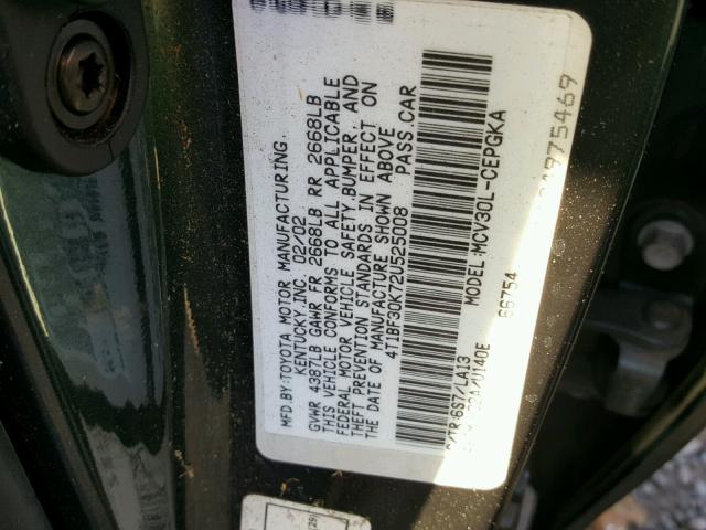 4T1BF30K72U525008 - 2002 TOYOTA CAMRY LE მწვანე ფოტო 10