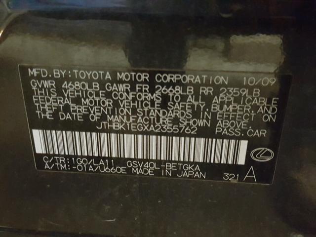 JTHBK1EGXA2355762 - 2010 LEXUS ES 350 GRAY photo 10