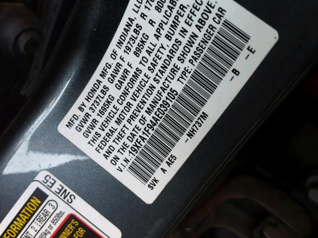 19XFA1F94AE039105 - 2010 HONDA CIVIC EXL GRAY photo 10