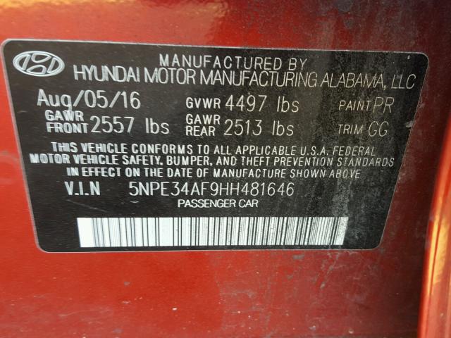 5NPE34AF9HH481646 - 2017 HYUNDAI SONATA SPO RED photo 10