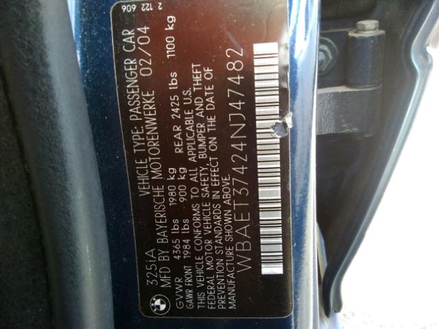 WBAET37424NJ47482 - 2004 BMW 325I BLUE photo 10