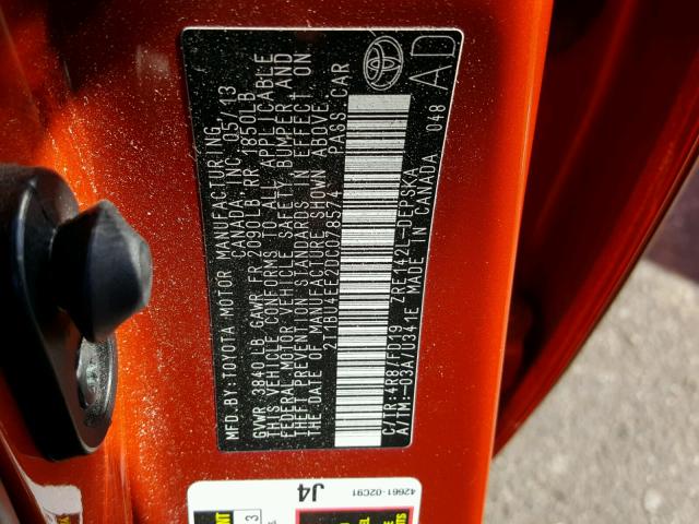 2T1BU4EE2DC078574 - 2013 TOYOTA COROLLA BA ORANGE photo 10