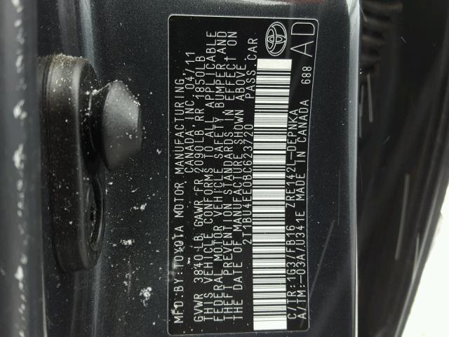 2T1BU4EE0BC623720 - 2011 TOYOTA COROLLA BA GRAY photo 10