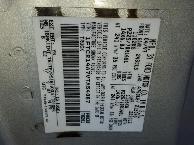 1FTCR14A7VTA54087 - 1997 FORD RANGER SUP SILVER photo 10