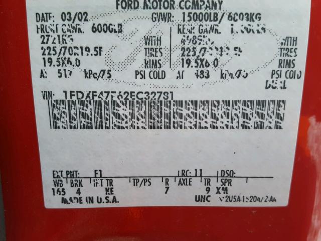 1FDXF47F62EC32781 - 2002 FORD F450 SUPER RED photo 10