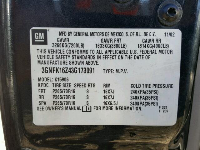 3GNFK16Z43G173091 - 2003 CHEVROLET SUBURBAN K GRAY photo 10