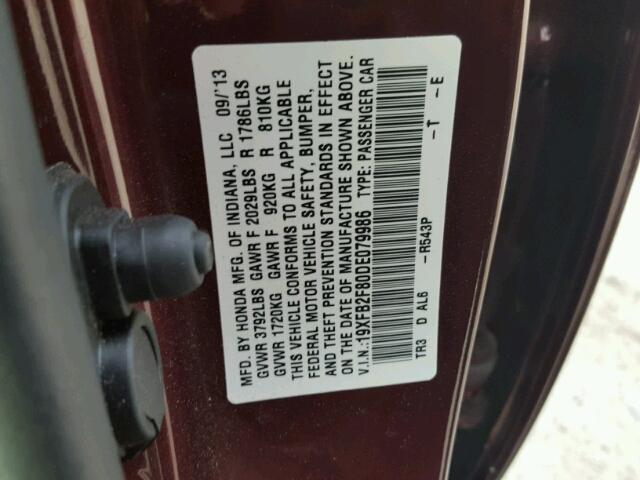 19XFB2F80DE079986 - 2013 HONDA CIVIC EX MAROON photo 10