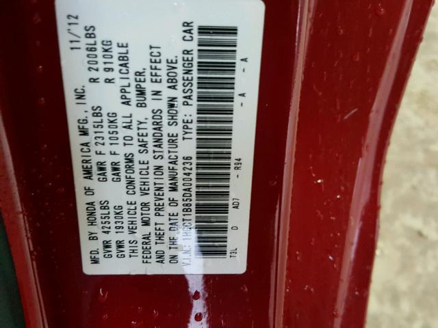 1HGCT1B85DA004236 - 2013 HONDA ACCORD EXL RED photo 10