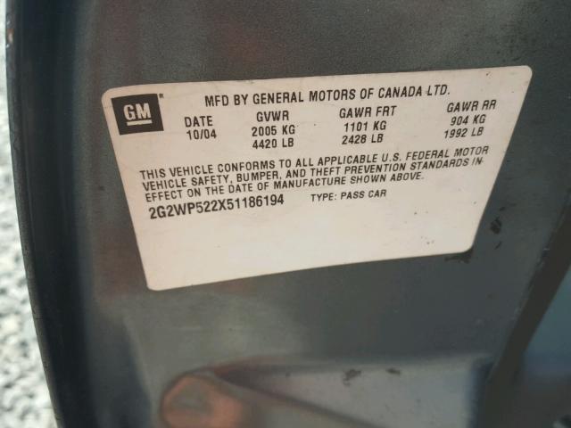 2G2WP522X51186194 - 2005 PONTIAC GRAND PRIX GRAY photo 10