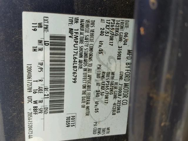 1FMPU17L64LB76799 - 2004 FORD EXPEDITION BLUE photo 10