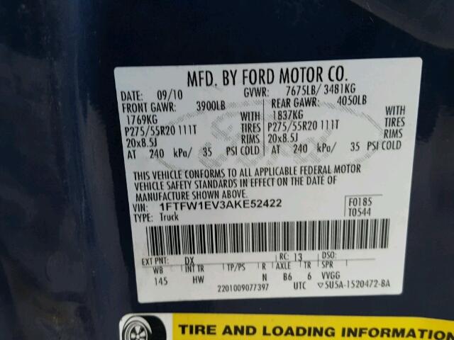 1FTFW1EV3AKE52422 - 2010 FORD F150 SUPER BLUE photo 10