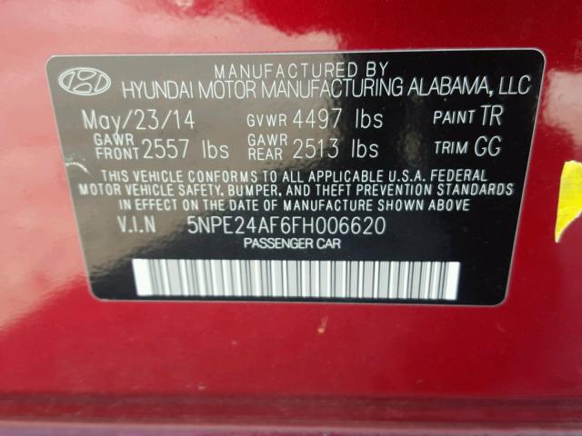 5NPE24AF6FH006620 - 2015 HYUNDAI SONATA SE RED photo 10