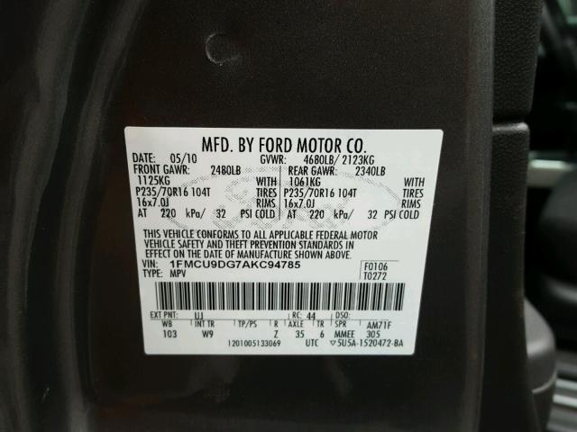 1FMCU9DG7AKC94785 - 2010 FORD ESCAPE XLT GRAY photo 10