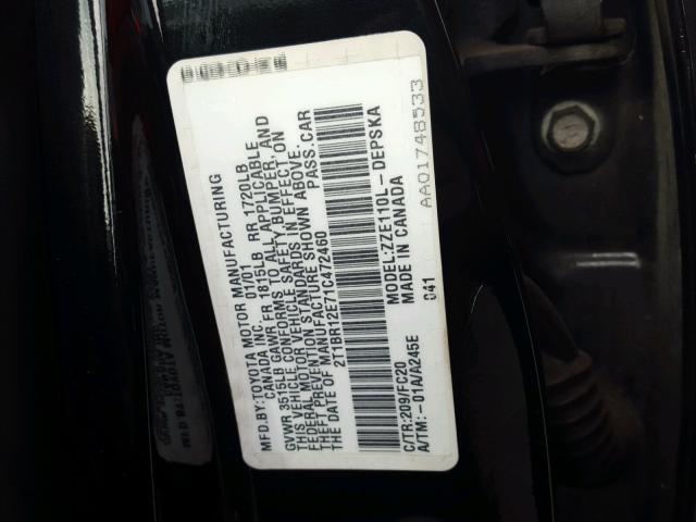 2T1BR12E71C472460 - 2001 TOYOTA COROLLA CE BLACK photo 10