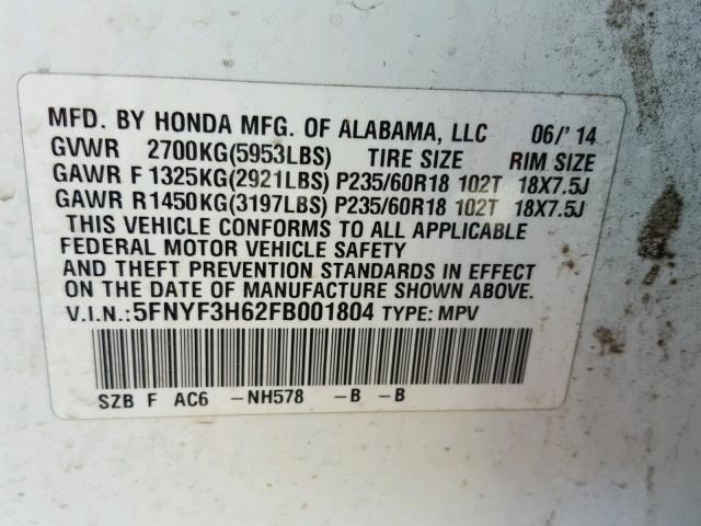 5FNYF3H62FB001804 - 2015 HONDA PILOT EXL WHITE photo 10