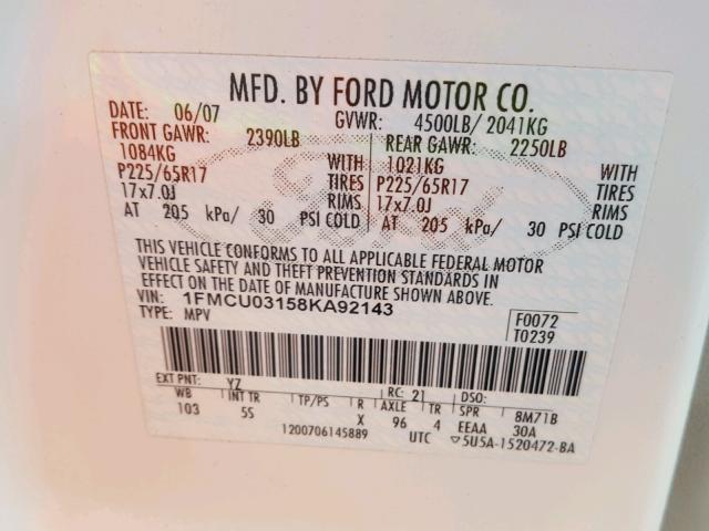 1FMCU03158KA92143 - 2008 FORD ESCAPE XLT WHITE photo 10