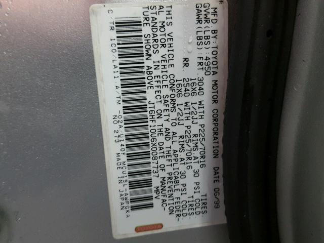 JT6HF10U6X0087737 - 1999 LEXUS RX 300 SILVER photo 10