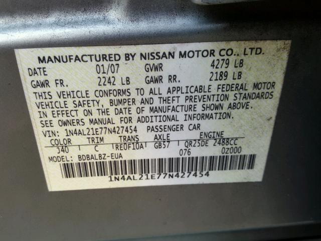 1N4AL21E77N427454 - 2007 NISSAN ALTIMA 2.5 GREEN photo 10