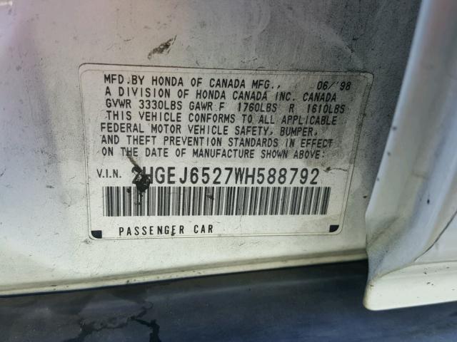 2HGEJ6527WH588792 - 1998 HONDA CIVIC DX WHITE photo 10