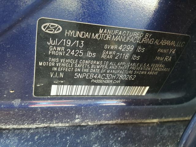 5NPEB4AC3DH780262 - 2013 HYUNDAI SONATA GLS BLUE photo 10