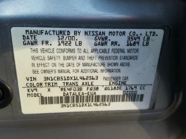 3N1CB51DX1L462563 - 2001 NISSAN SENTRA XE SILVER photo 10