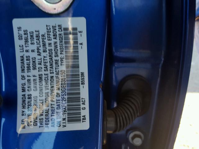 19XFC2F53GE035150 - 2016 HONDA CIVIC LX BLUE photo 10