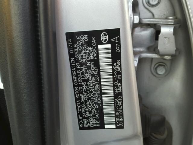 JTDKDTB38E1061507 - 2014 TOYOTA PRIUS C SILVER photo 10