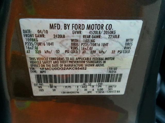 1FMCU0DG2AKC95452 - 2010 FORD ESCAPE XLT GRAY photo 10