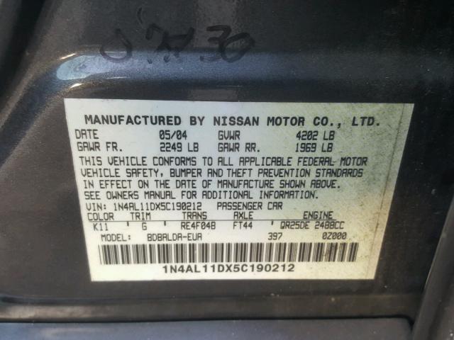 1N4AL11DX5C190212 - 2005 NISSAN ALTIMA S CHARCOAL photo 10